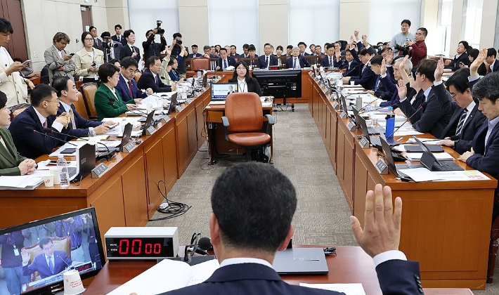 10일 오전 서울 여의도 국회에서 열린 행정안전위원회의 전체회의에서 신정훈 위원장과 위원들이 김건희 여사의 공천개입 의혹과 관련해 증인으로 불출석한 명태균 씨와 김영선 전 국민의힘 의원에 대한 동행명령장 발부의 건에 대해 표결하고 있다. 연합뉴스