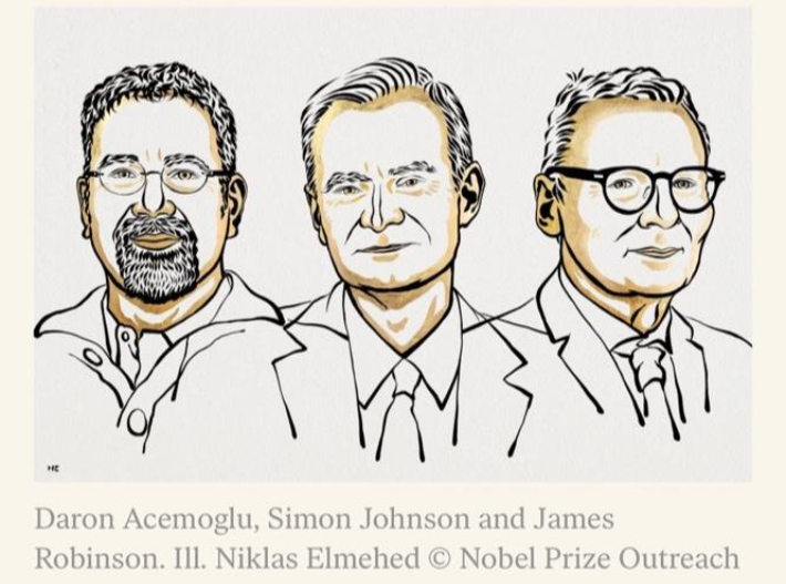 올해 노벨 경제학상을 수상한 다론 아세모을루, 사이먼 존슨, 제임스 로빈슨. 노벨상 홈페이지 캡처