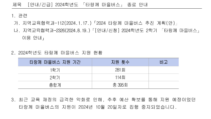 타랑께 마을버스 취소 공문. 광주시교육청 제공