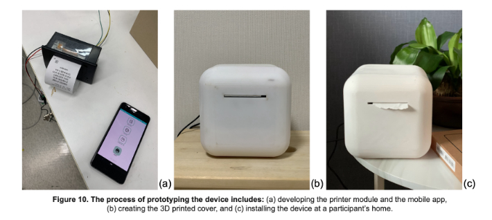디바이스의 프로토타이핑 과정, 프린팅 모듈과 모바일 앱 개발, 참가자 집에 설치된 모습. 사진 UNIST 제공