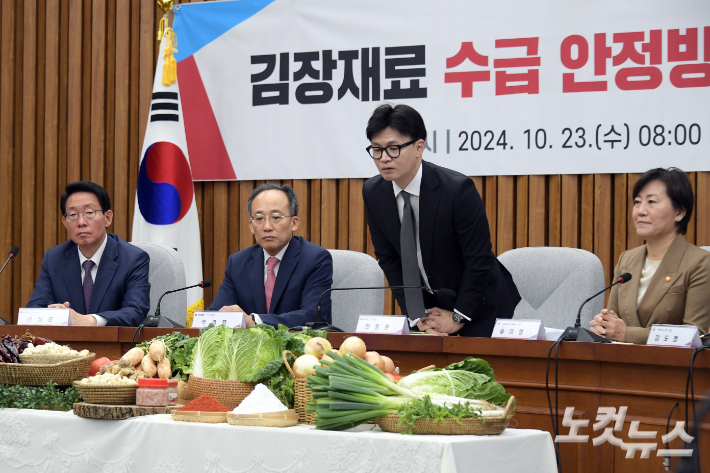 국민의힘 한동훈 대표가 23일 서울 여의도 국회에서 열린 김장재료 수급 안정방안 민당정 협의회에서 배추 등 김장 재료들을 살펴보고 있다. 윤창원 기자