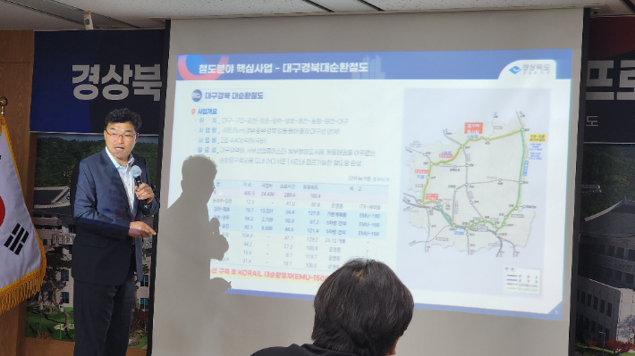경북도 배용수 건설도시국장이 23일 경북도청 브리핑룸에서 철도.도로분야 핵심사업을 발표하고 있다. 이규현 기자