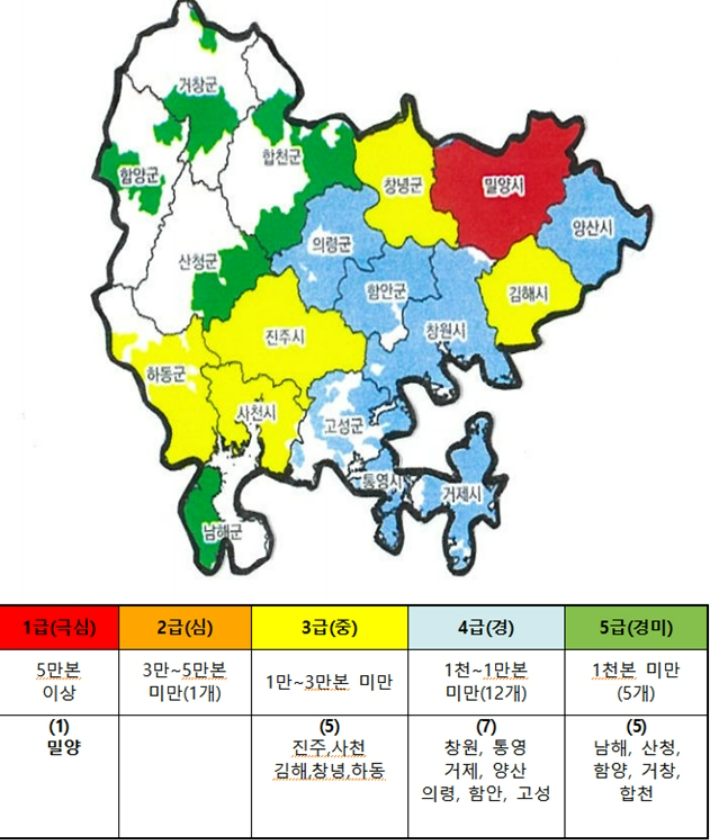 경남 시군별 소나무재선충병 발생 현황도. 경남도청 제공 