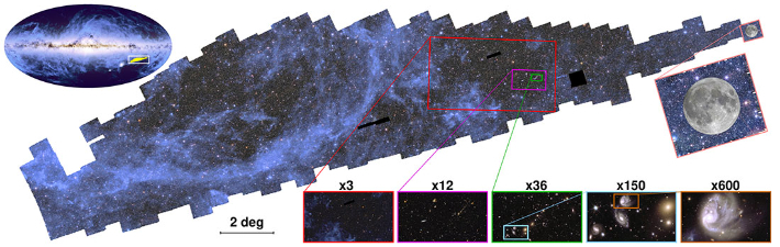 유클리드 관측 결과물 안내 이미지. ESA/Euclid/Euclid Consortium/NASA, CEA Paris-Saclay, image processing by J.-C. Cuillandre, E. Bertin, G. Anselmi; ESA/Gaia/DPAC; ESA/Planck Collaboration