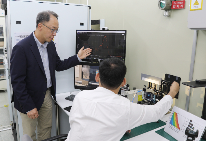 기계연 나노리소그래피연구센터 윤재성 책임연구원이 필름 나노광학 소자 측정결과에 대해 설명하고 있다. 기계연구원 제공