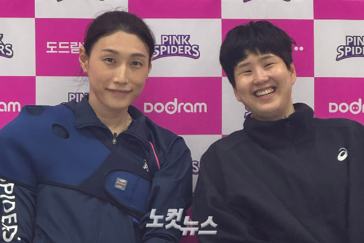 경기 후 인터뷰하는 김연경(왼쪽)과 신연경. 이우섭 기자