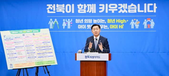 18일 오전 전북형 저출산 대책을 발표하고 있는 김관영 전북도지사. 전북도 제공