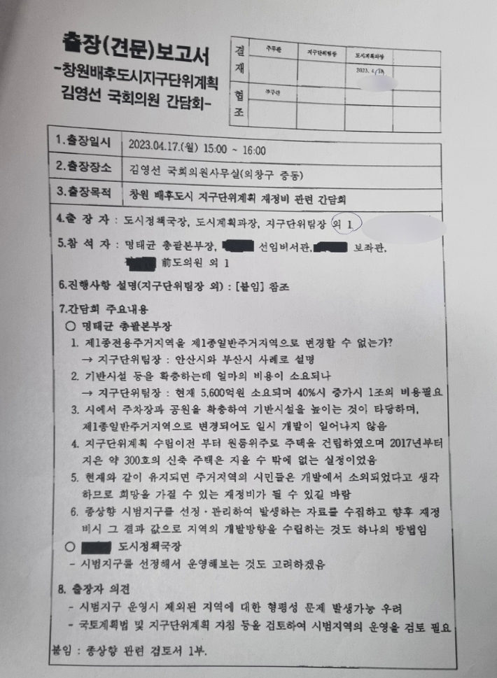 문순규 창원시의원이 입수한 창원시의 창원배후도시 지구단위계획 김영선 국회의원 간담회 출장보고서. 문순규 의원 제공