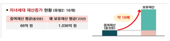 우회 증여 조사대상 자녀들은 증여받은 종자돈 평균 66억 원을 시작으로, 부당 지원 등을 통해 5년 만에 재산이 평균 1036억 원(최대 6020억 원)으로 증가했지만, 증여세는 제대로 신고하지 않았다. 국세청 제공