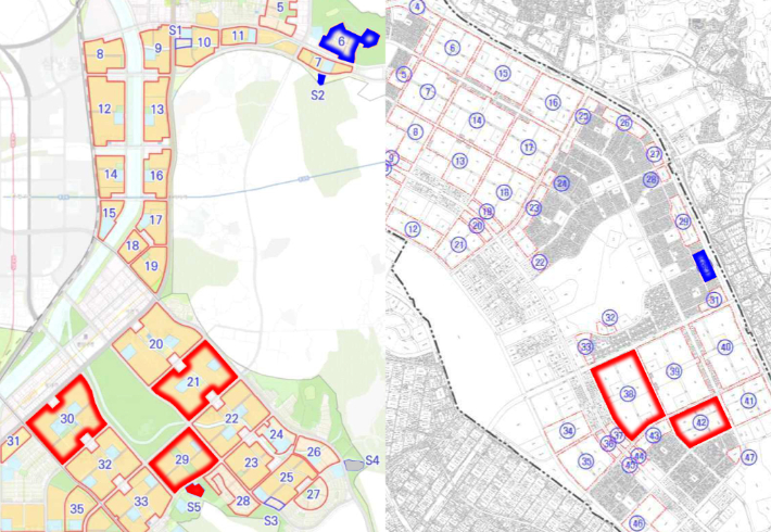 분당(왼쪽)과 일산(오른쪽)에서 선정된 선도지구(빨간색)와 별도 정비물량(파란색)이 표기된 지도. 국토교통부 제공