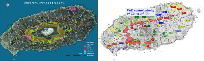 제주도가 자체 마련한 소나무 재선충병 방제전략도와 방제 우선 순위도. 국립산림과학원 제공