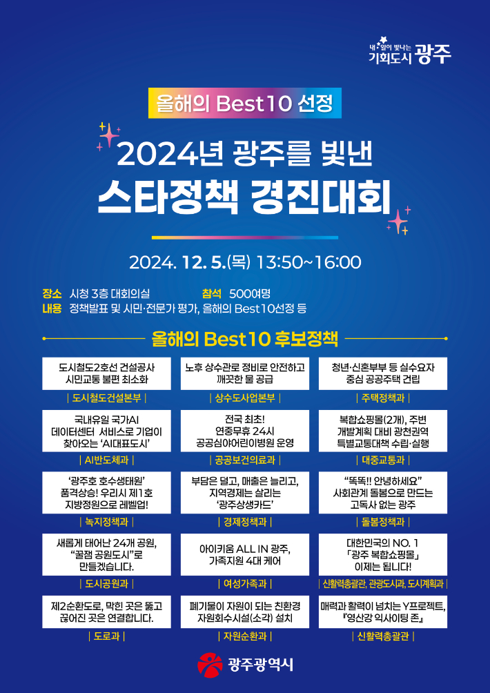 광주광역시는 오는 5일 시청 대회의실에서 '2024년 광주를 빛낸 스타정책 경진대회'를 개최한다. 광주시 제공