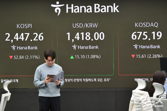 윤석열 대통령이 비상계엄을 선언했다 국회의 의결로 계엄을 해제한 4일 오전 서울 중구 하나은행 딜링룸에서 직원이 업무를 보고 있다. 류영주 기자