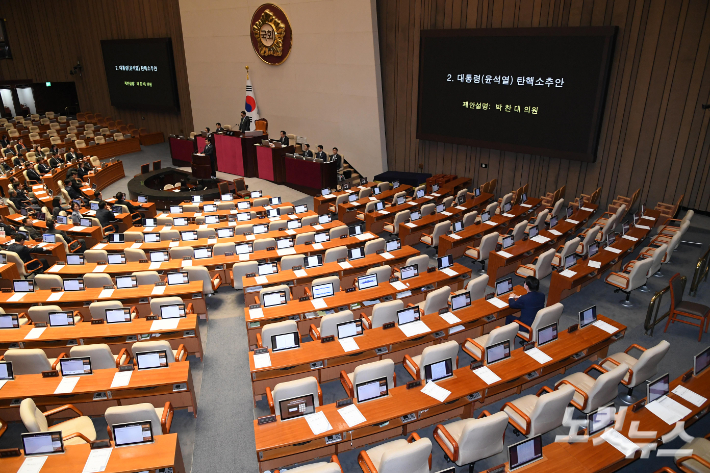 국민의힘 의원들이 7일 서울 여의도 국회에서 열린 제418회국회(정기회) 제17차 본회의에서 윤석열 대통령 탄핵소추안이 상정되자 자리에서 일어나 본회의장에서 퇴장한 가운데 안철수 의원만이 자리를 지키고 있다. 박종민 기자