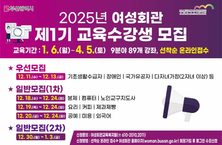 부산시여성회관이 '2025년 제1기 교육과정' 수강생을 모집한다. 부산시 제공