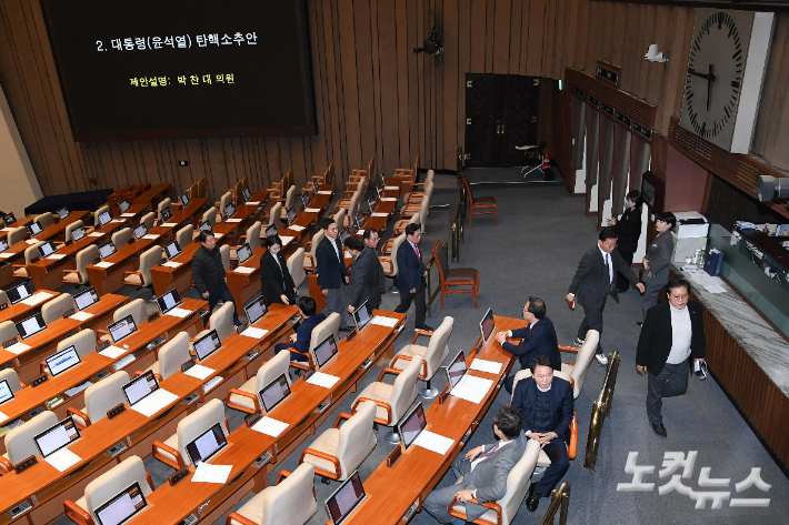 국민의힘 의원들이 7일 서울 여의도 국회에서 열린 제418회국회(정기회) 제17차 본회의에서 윤석열 대통령 탄핵소추안이 상정되자 자리에서 일어나 본회의장에서 퇴장하고 있다. 박종민 기자