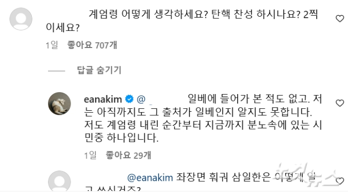 김이나가 인스타그램에 올린 댓글. 김이나 인스타그램