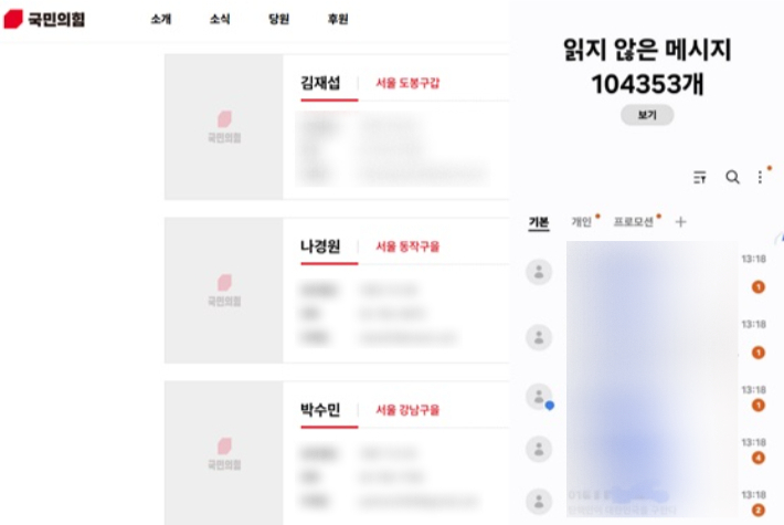 국회의원들의 사진이 삭제된 국민의힘 홈페이지와 '문자 폭탄'을 받은 한 의원의 메시지함. 국민의힘 홈페이지·SNS 캡처