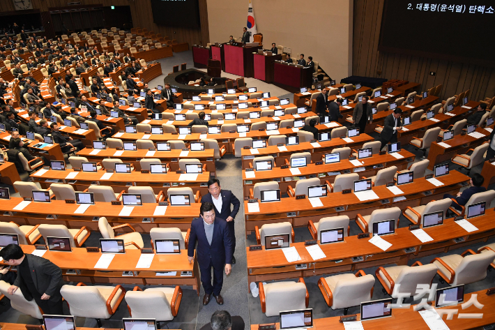 국민의힘 의원들이 지난 7일 서울 여의도 국회에서 열린 제418회국회(정기회) 제17차 본회의에서 윤석열 대통령 탄핵소추안이 상정되자 자리에서 일어나 본회의장에서 퇴장하고 있다. 박종민 기자