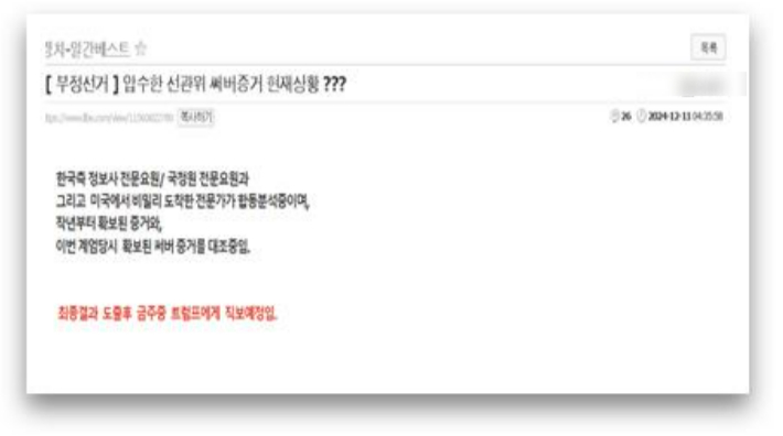 부정선거 음모론 관련 일베 게시글 중 하나. 일베 사이트 화면 캡처