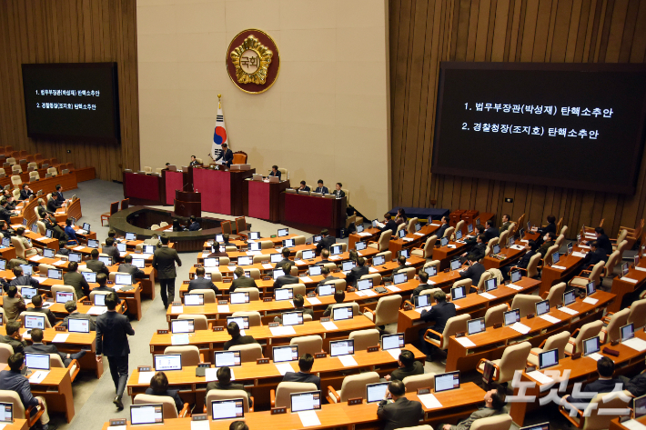 12일 서울 여의도 국회에서 열린 제419회 국회(임시회) 제02차 본회의에서 법무부장관(박성재)·경찰청장(조지호) 탄핵소추안이 가결되고 있다. 윤창원 기자