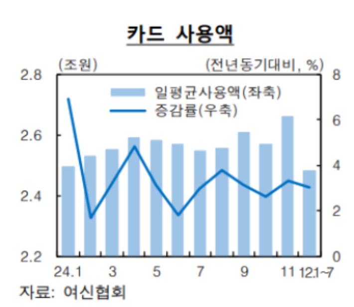 한국은행 '비상계엄 사태 이후 금융·경제 영향 평가' 보고서. 카드 사용액은 11월 회복 흐름을 보인 후 12월 들어서는 증가세가 주춤하는 모습. 한국은행 제공