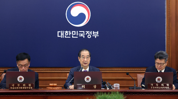 한덕수 대통령 권한대행 겸 국무총리가 17일 서울 종로구 정부서울청사에서 열린 국무회의에서 발언하고 있다. 연합뉴스