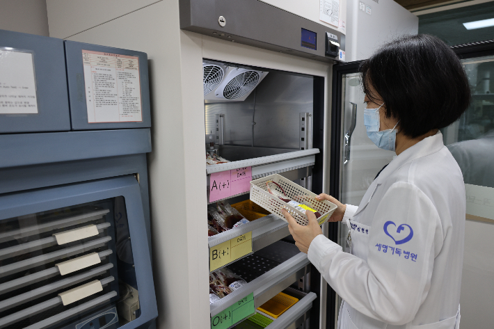 세명기독병원 진단검사의학과 수혈용 혈액을 확인하고 있다. 포항세명기독병원 제공
