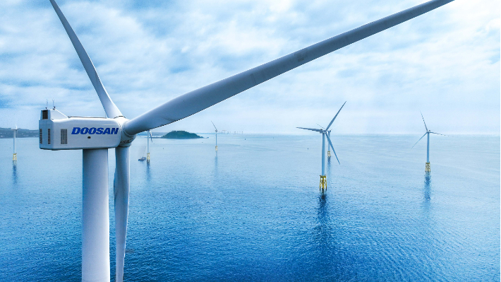  제주 해상에 설치한 5.5MW 해상풍력발전기. 두산에너빌리티 제공