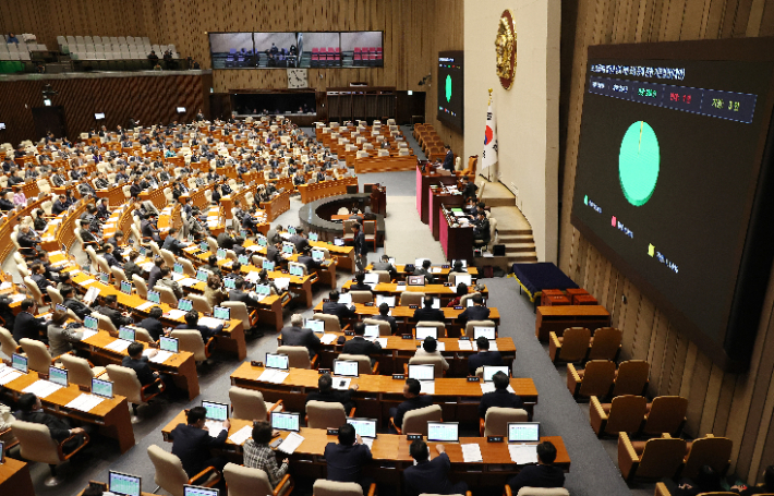 26일 국회 본회의에서 인공지능발전과 신뢰 기반 조성 등에 관한 기본법안(대안)이 통과되고 있다. 연합뉴스