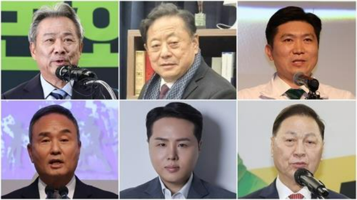 사진 상단 왼쪽부터 시계 방향으로 이기흥 후보, 김용주 후보, 유승민 후보, 강태선 후보, 오주영 후보, 강신욱 후보. 연합뉴스 및 후보 제공 사진