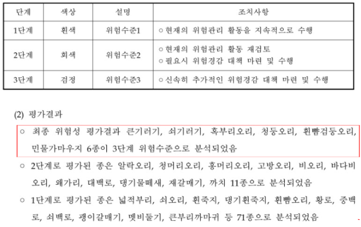 큰기러기와 혹부리오리, 흰뺨검둥오리, 청둥오리, 쇠기러기, 민물가마우지 등을 위험수준 3단계로 분류한 보고서. 무안국제공항 활주로 연장사업 환경영향평가 보고서