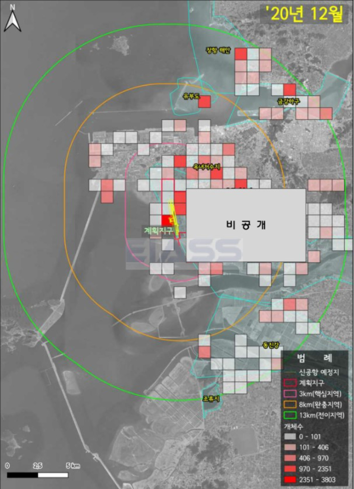 2020년 12월 기준 전북 새만금 신공항 부지 주변의 철새 도래지의 개체수 분포도. 2022 새만금신공항 건설사업 전략환경영향평가