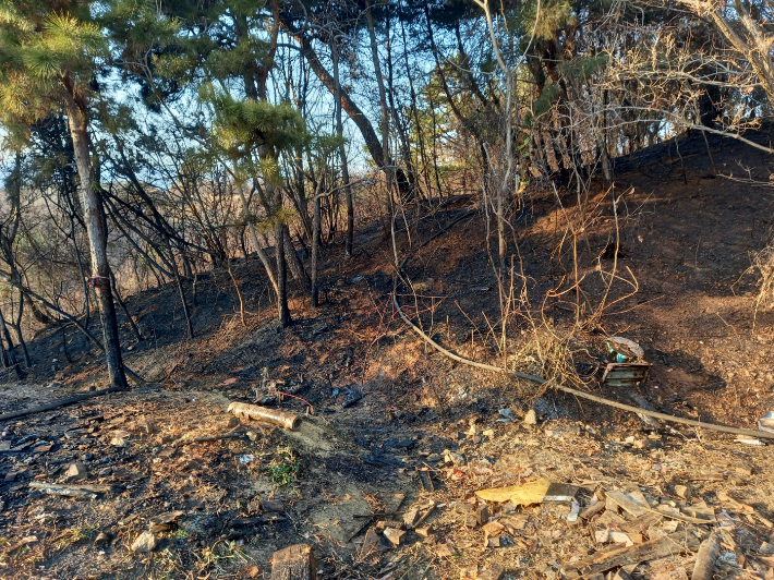 2일 부산 기장군 장안읍 반룡리 야산의 한 농막에서 불이 난 모습. 부산소방재난본부 제공 