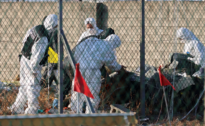 미국 국가교통안전위원회(NTSB)와 연방항공국(FAA), 보잉사 관계자들로 구성된 미국 조사단이 전남 무안국제공항 사고 현장에서 국토부 사고조사관과 함께 사고기 잔해를 확인하고 있다. 연합뉴스