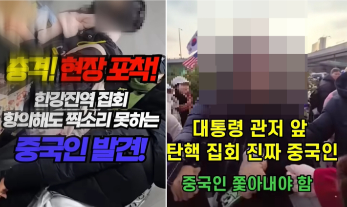 최근 온라인을 중심으로 '윤석열 대통령 탄핵 집회에 중국인들이 대거 참여하고 있다'는 확인 되지 않은 글과 영상이 확산하고 있다. 유튜브 캡처