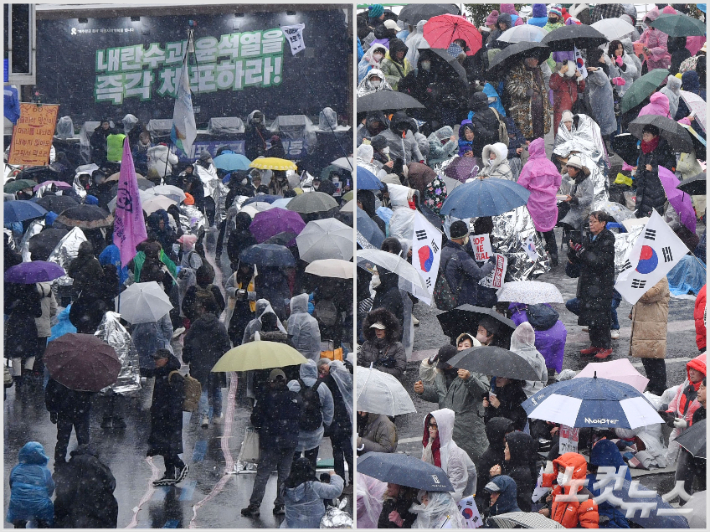 대설특보가 내려진 5일 서울 용산구 한남동 대통령 관저 앞에서 윤석열 대통령에 대한 체포 영장 집행을 촉구하는 집회와 반대하는 집회가 계속되고 있다. 류영주 기자