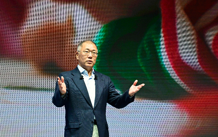 현대차그룹 2025년 신년회에서 그룹 임직원들에게 새해메시지를 전하고 있는 정의선 회장. 현대차그룹 제공