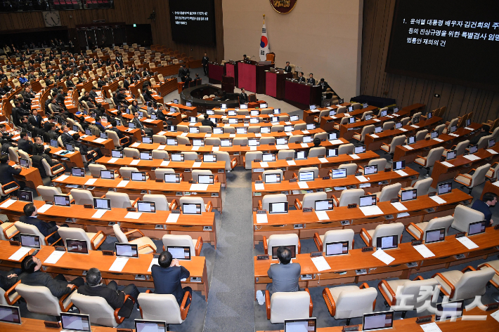 지난달 7일 서울 여의도 국회에서 열린 제418회국회(정기회) 제17차 본회의에서 윤석열 배우자 김건희의 주가조작 사건 등의 진상규명을 위한 특별검사 임명 등에 관한 법률안 재의의 건에 대한 투표를 마친 뒤 퇴장한 국민의힘 의원들의 자리가 비어 있다. 박종민 기자