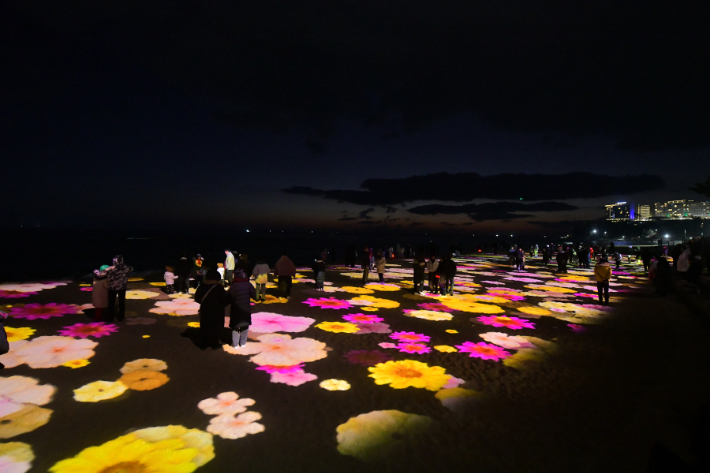 속초해수욕장 모래사장을 활용한 전국 최초, 최대규모의 미디어아트 '빛의 바다, Sokcho(속초)'. 속초시 제공