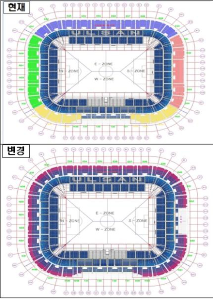 문수축구경기장 현재 관중석 색상(위)과 변경 예정인 색상(아래). 울산시 제공