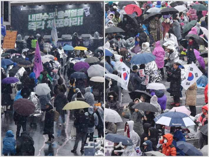 서울 용산구 한남동 대통령 관저 앞에서 열린 윤석열 대통령에 대한 체포 영장 집행을 촉구하는 집회와 반대하는 집회. 류영주 기자