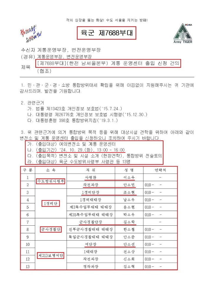 진상조사단이 확보한, 수도방위사령부가 10월 29일 현장견학을 위해 한전 측에 보낸 공문. 진상조사단 제공