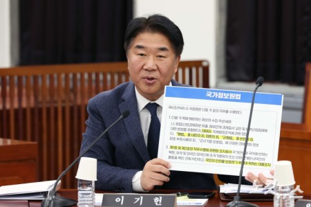 13일 서울 여의도 국회에서 열린 정보위원회 전체회의에서 이기헌 더불어민주당 의원이 국가정보원법을 들어보이고 있다.