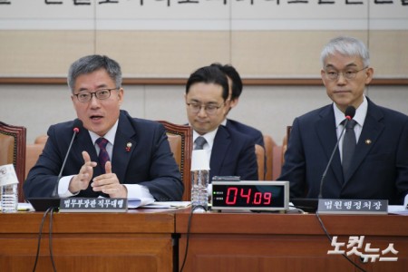 13일 서울 여의도 국회에서 열린 법제사법위원회 전체회의에서 김석우 법무부 장관 직무대행(왼쪽)이 의원 질의에 답변을 하고 있다.