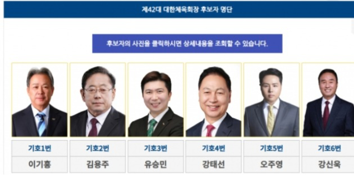 제42대 대한체육회장 후보자 명단. (사진 왼쪽부터) 이기흥, 김용주, 유승민, 강태선, 오주영, 강신욱 후보. 대한체육회장선거 공식 홈페이지