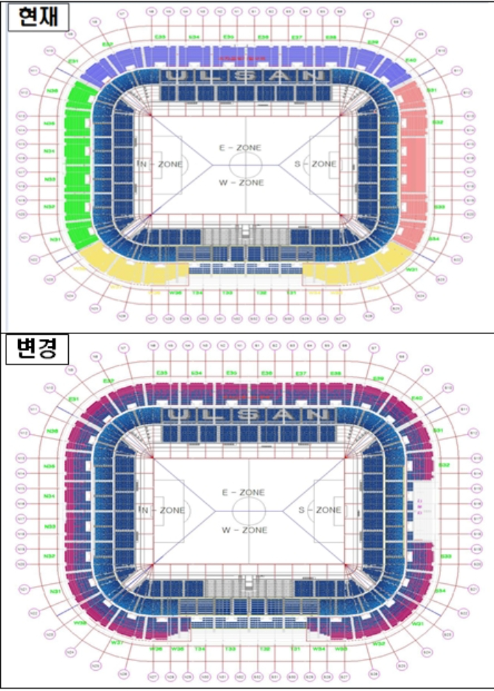 문수축구경기장 관중석 색상 계획안. 울산시 제공