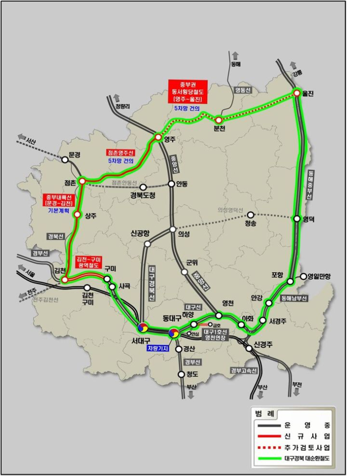 기존 철도망과 일부 구간 철도신설을 통해 경북도에 격자형 철도교통망을 구축한다고 경북도는 밝혔다. 경북도 제공