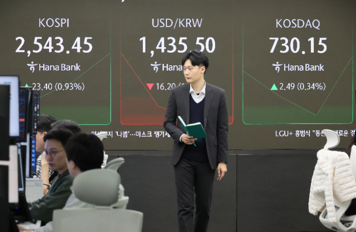 21일 서울 중구 하나은행 본점 딜링룸 현황판에 코스피와 원/달러 환율 등 지수들이 표시되고 있다. 연합뉴스