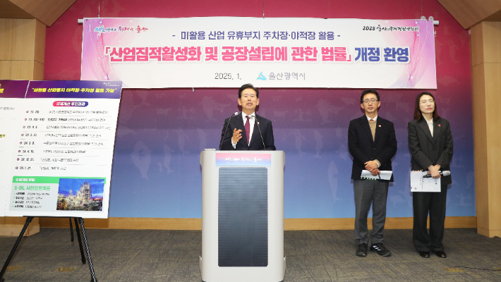 안효대 울산시 경제부시장은 21일 시청 프레스센터에서 브리핑을 열고 법률 개정에 따라 에쓰오일 샤힌프로젝트 건설 현장 주차장과 야적장 부지 확보가 가능해졌다고 밝혔다. 자료사진